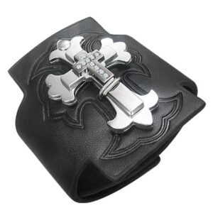 Leather Wristband - Triple Fleur De Lis Cross (Black)
