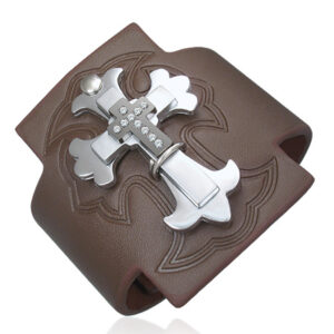 Leather Wristband - Triple Fleur De Lis Cross (Brown)