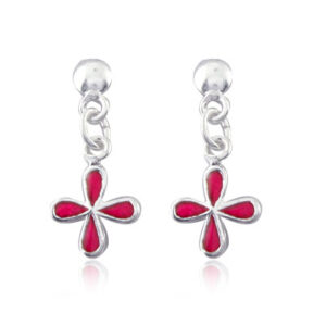 Girl's Silver Stud Earrings - "Pink Hanging Style Flowers"