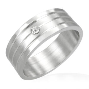 Stainless Steel Flat Band Ring w/ CZ